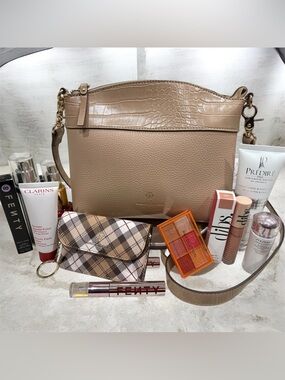 Nanette Lapore Leather Crossbody Bag with Croc Accent & Beauty Bundle